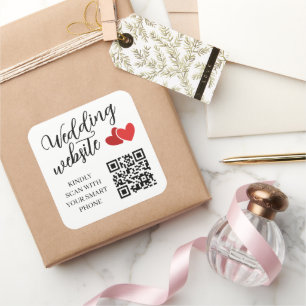 Two Red Hearts Wedding Website QR Code Square Sticker