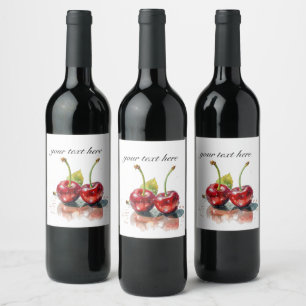 two red juicy cherries in watercolor wine label