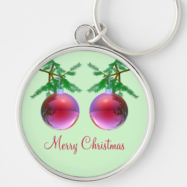 Two Red Merry Christmas Balls Key Ring (Front)