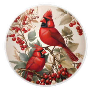Two Red Northern Cardinal Birds And Berries Ceramic Knob