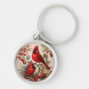 Two Red Northern Cardinal Birds And Berries Key Ring