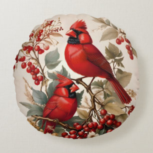 Two Red Northern Cardinal Birds And Berries Round Cushion