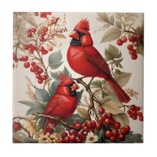Two Red Northern Cardinal Birds And Berries Tile