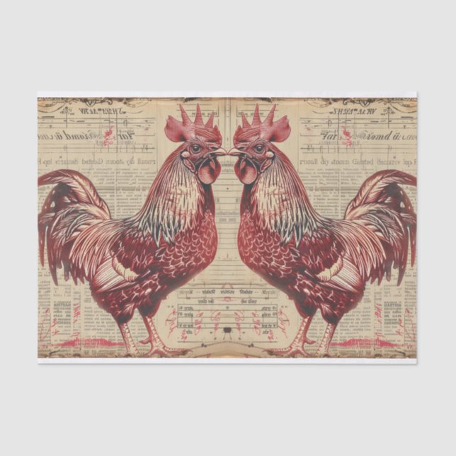 Two Red Rooster Chickens Farmland Decoupage Tissue Paper (Front)
