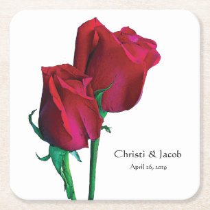 Two Red Roses with Text Square Paper Coaster