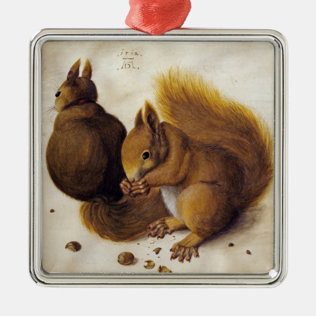 Two Red Squirrels (by Albrecht Dürer) Metal Tree Decoration (Front)