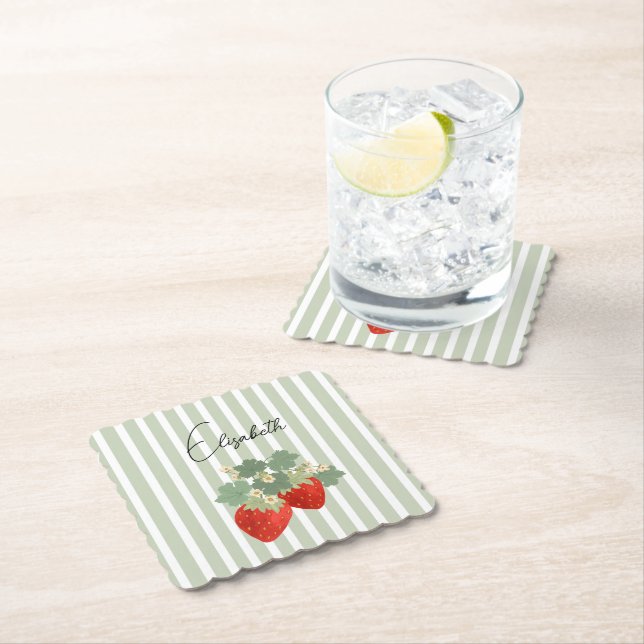 Two Red Strawberries Stripes & Flowers | Fruit Paper Coaster (Insitu)