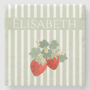 Two Red Strawberries Stripes & Flowers Fruit Stone Coaster