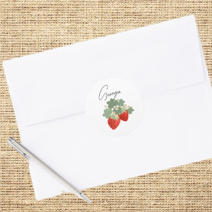 Two Red Strawberries with Leaves & Flowers   Fruit Classic Round Sticker
