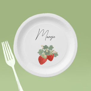 Two Red Strawberries with Leaves & Flowers Fruit Paper Plate