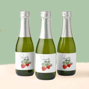 Two Red Strawberries with Leaves & Flowers   Fruit Sparkling Wine Label