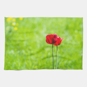 Two red tulip flowers tea towel