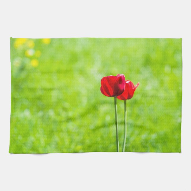 Two red tulip flowers tea towel (Horizontal)