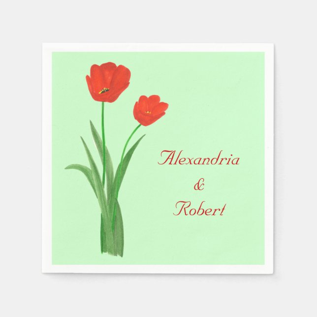 Two Red Tulips Personalised Wedding Napkins (Front)