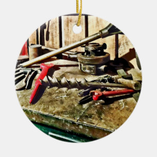Two Red Wrenches on Plumber's Workbench Ceramic Tree Decoration