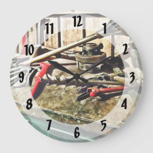 Two Red Wrenches on Plumber's Workbench Large Clock