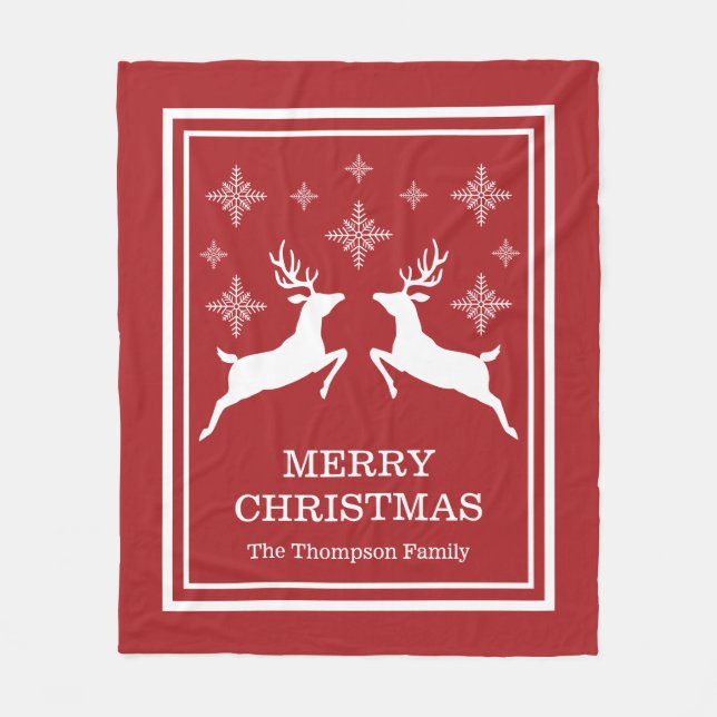 Two Reindeers And Snowflakes Merry Christmas Fleece Blanket (Front)