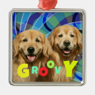 Two Retro Golden Retriever Dogs Psychedelic Groovy Metal Tree Decoration