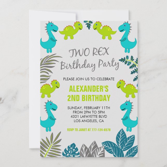Two rex birthday invitations boy blue jungle cute (Front)