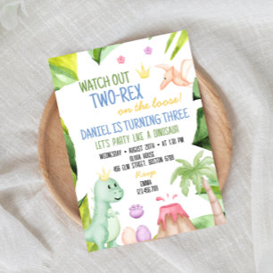Two Rex Boy dinosaur 2nd birthday invitation