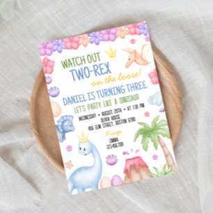 Two-Rex Boy Dinosaur Birthday Invitation