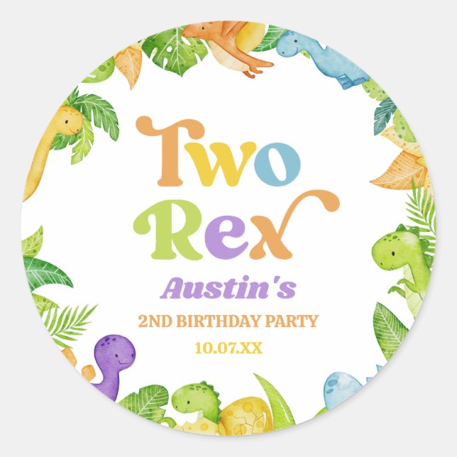 Two Rex Dinosaur 2nd Second Birthday Party Classic Round Sticker (Front)