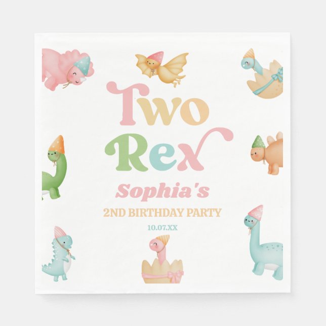 Two Rex Dinosaur 2nd Second Birthday Party Napkin (Front)