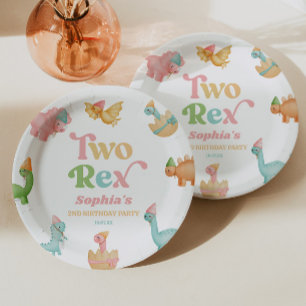 Two Rex Dinosaur 2nd Second Birthday Party Paper Plate