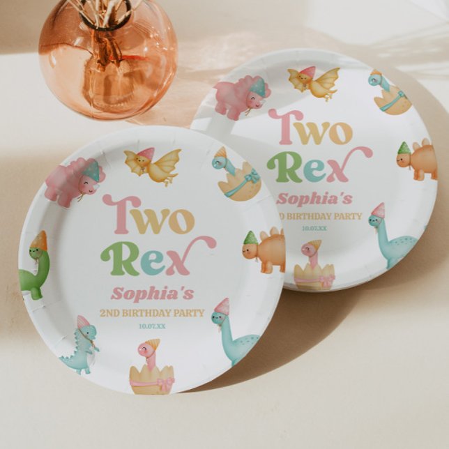 Two Rex Dinosaur 2nd Second Birthday Party Paper Plate (Creator Uploaded)