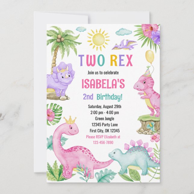 Two Rex Dinosaur Birthday Invitation (Front)