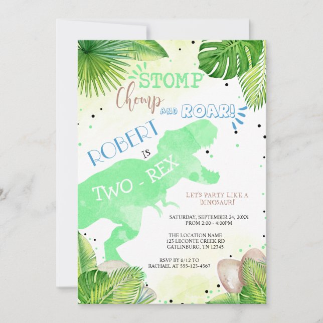 Two - Rex Dinosaur Birthday Invitation boy (Front)