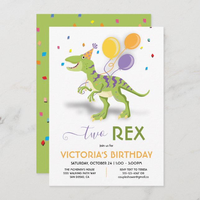 Two Rex Dinosaur Birthday Party Invitation (Front/Back)