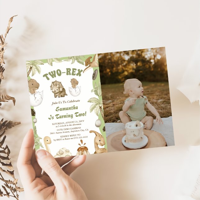 Two Rex Dinosaur Boy 2nd Birthday Party Photo Invitation (Creator Uploaded)