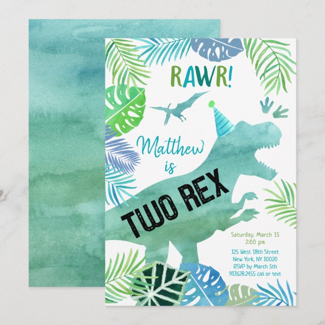 Two Rex Dinosaur Greenery Birthday Invitation (Front/Back)