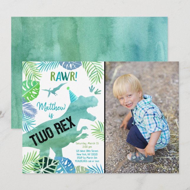 Two Rex Dinosaur Greenery Birthday Invitation (Front/Back)