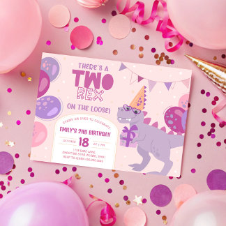 Two Rex Girl Birthday Invitation. Dino 2nd Invite. Invitation