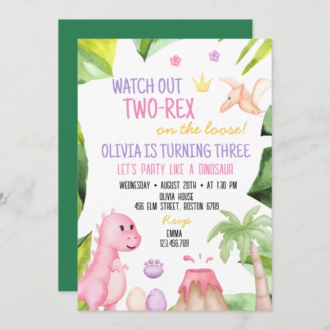 Two Rex Girl dinosaur 2nd birthday invitation (Front/Back)