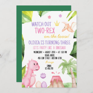Two Rex Girl dinosaur 2nd birthday invitation