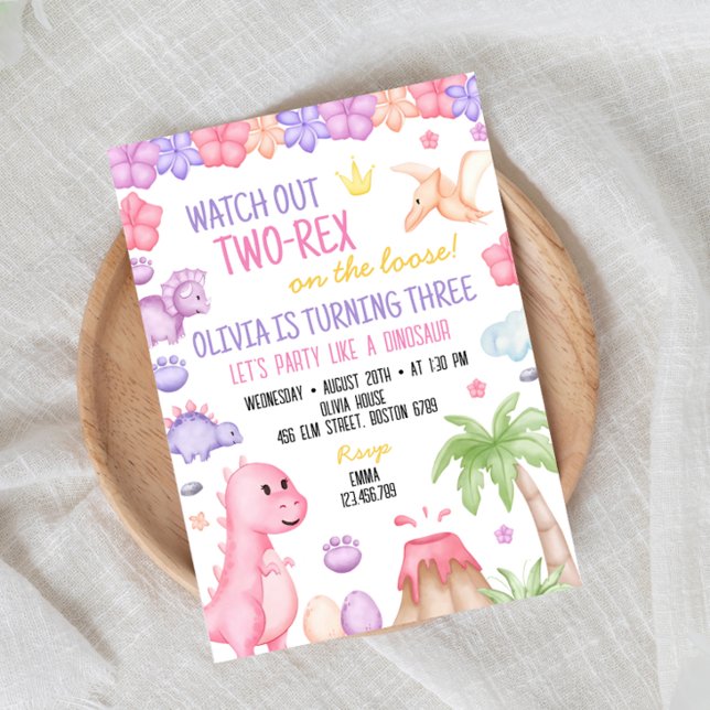 Two-Rex Girl Dinosaur Birthday Invitation (Creator Uploaded)