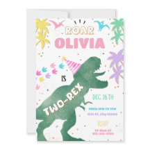 Two-Rex Pink Dinosaur Girl 2nd Birthday Invitation