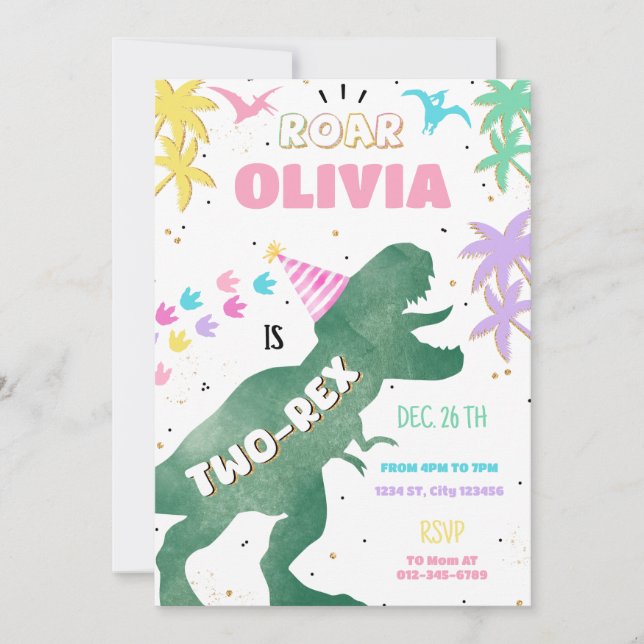 Two-Rex Pink Dinosaur Girl 2nd Birthday Invitation (Front)