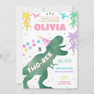 Two-Rex Pink Dinosaur Girl 2nd Birthday Invitation