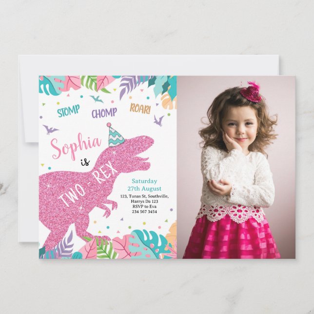 Two-Rex Pink Dinosaur Girl 2nd Birthday Invitation (Front)