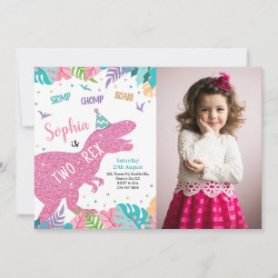 Two-Rex Pink Dinosaur Girl 2nd Birthday Invitation