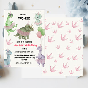 Two Rex Ready dinosaur, girl Second Birthday Party Invitation