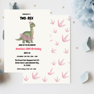 Two Rex Ready dinosaur, girl Second Birthday Party Invitation