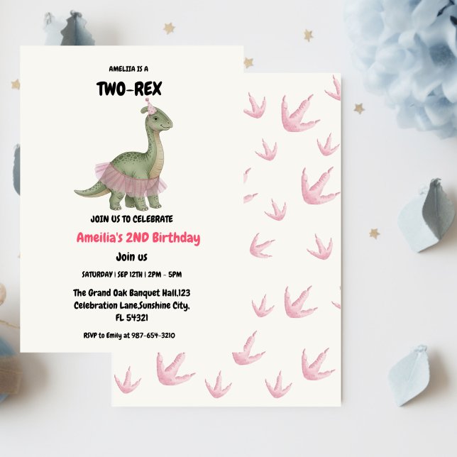 Two Rex Ready dinosaur, girl Second Birthday Party Invitation (Creator Uploaded)