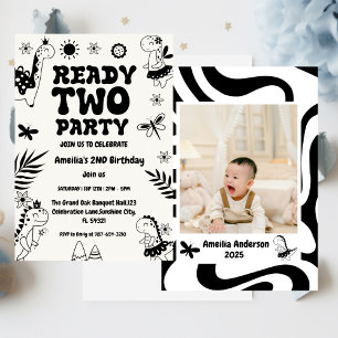 Two Rex Ready dinosaur, girl Second Birthday Party Invitation