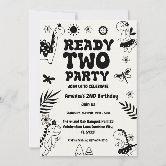 Two Rex Ready dinosaur, girl Second Birthday Party Invitation (Front)