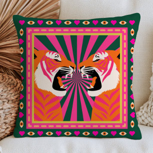 Two Roaring Tigers Pink& Green Maximalist Wild Cat Cushion